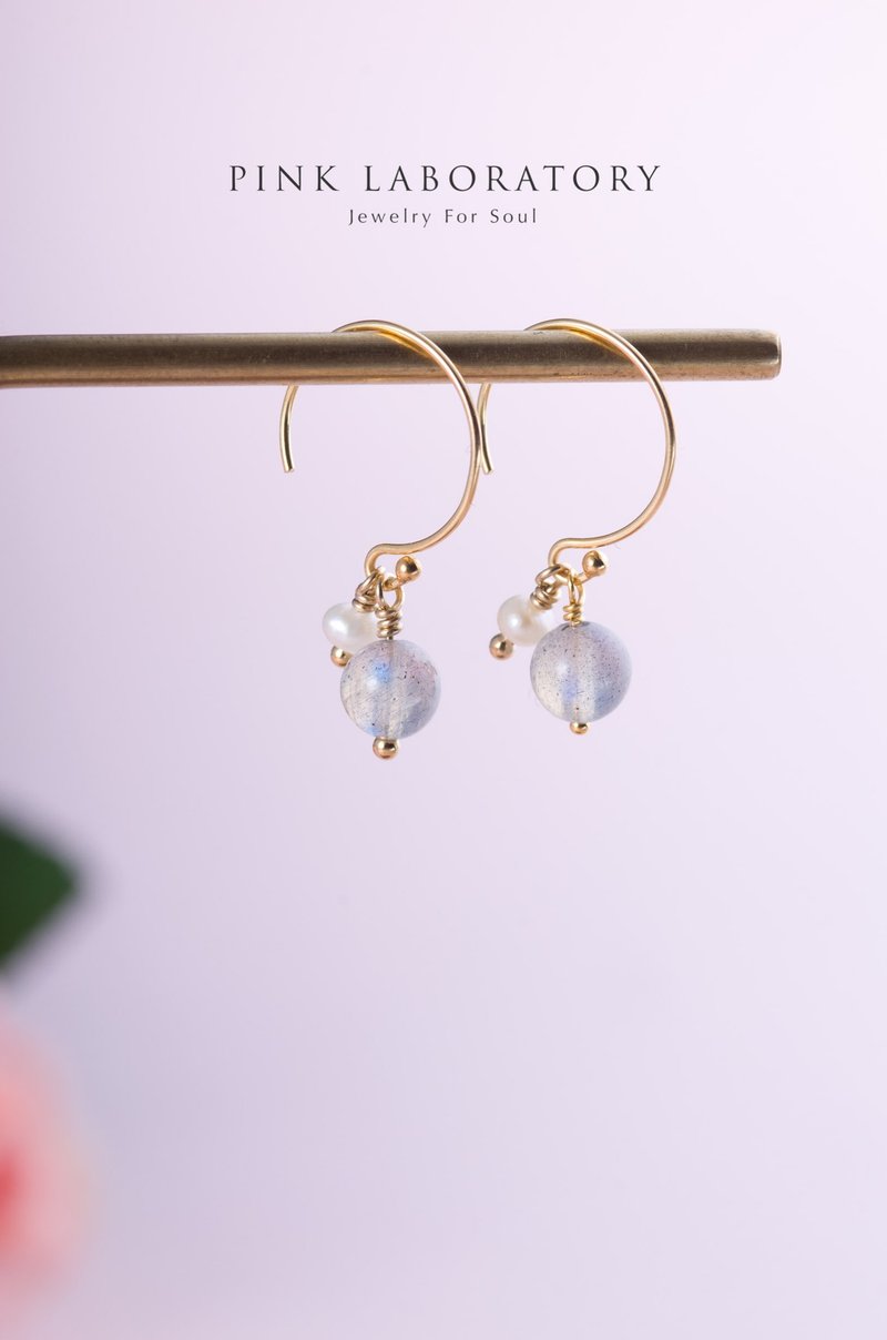 拉长石珍珠14KGF耳环 | 天然水晶不褪色耳勾天然淡水珍珠可改耳夹 - 耳环/耳夹 - 宝石 透明