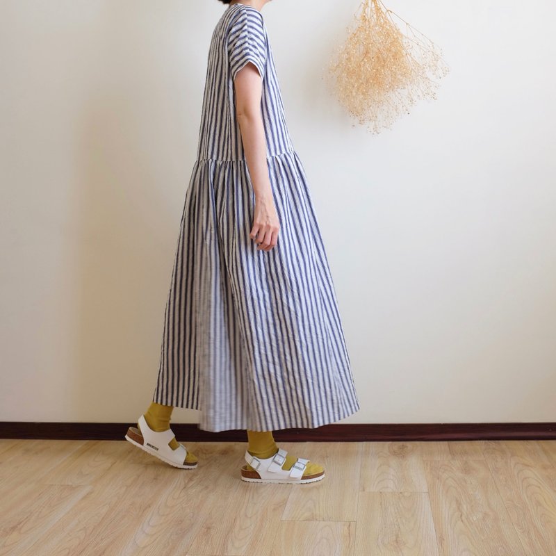 日常手作服 蓝白条纹水玉宽洋装 纯棉 - 洋装/连衣裙 - 棉．麻 多色