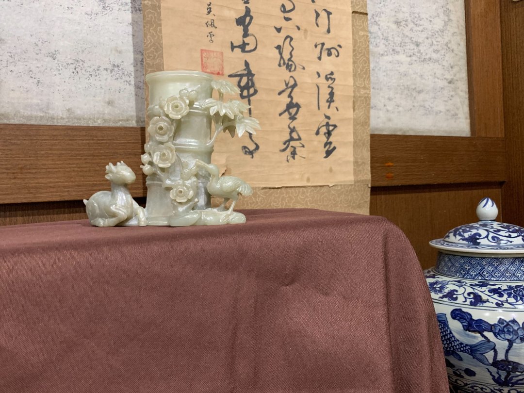 清代 鹿鹭双喜和田青白玉笔筒 - 摆饰 - 玉石 