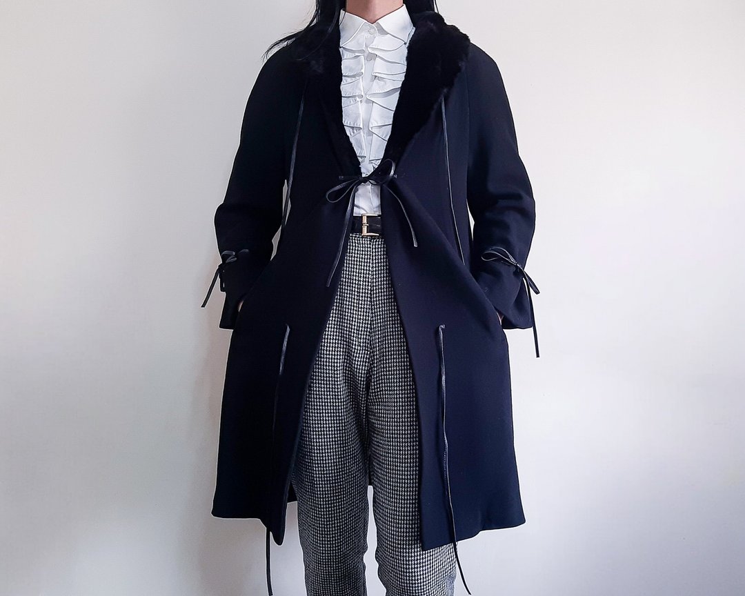 JEAN LOUIS SCHERRER Vintage French Wool Coat Real Fur Collar - 女装休闲/机能外套 - 羊毛 黑色
