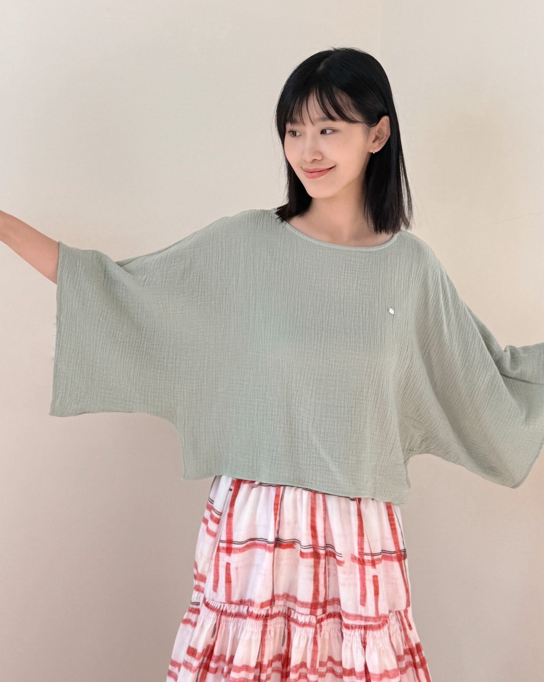witharch棉纱连袖上衣-绿 - 女装上衣 - 棉 绿色