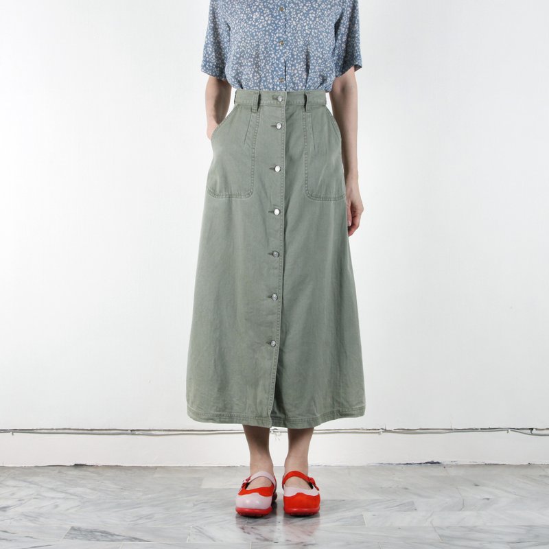 【蛋植物古着】俐落剪影古着长裙 - 裙子 - 棉．麻 绿色