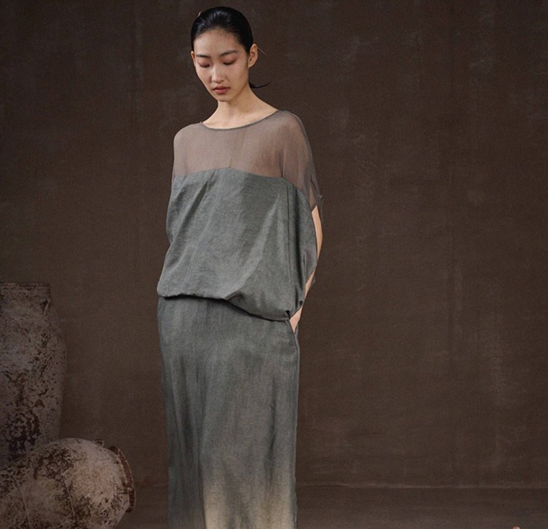 【薄纱天丝】新中式复古 禅意混纱/拼接连衣裙 - 洋装/连衣裙 - 丝．绢 绿色