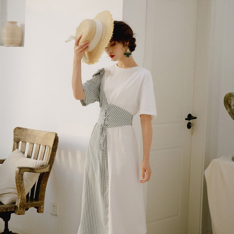 【满送吊带】安妮陈2019夏季新款拼接含腰封露肩连身裙90414 - 洋装/连衣裙 - 其他材质 