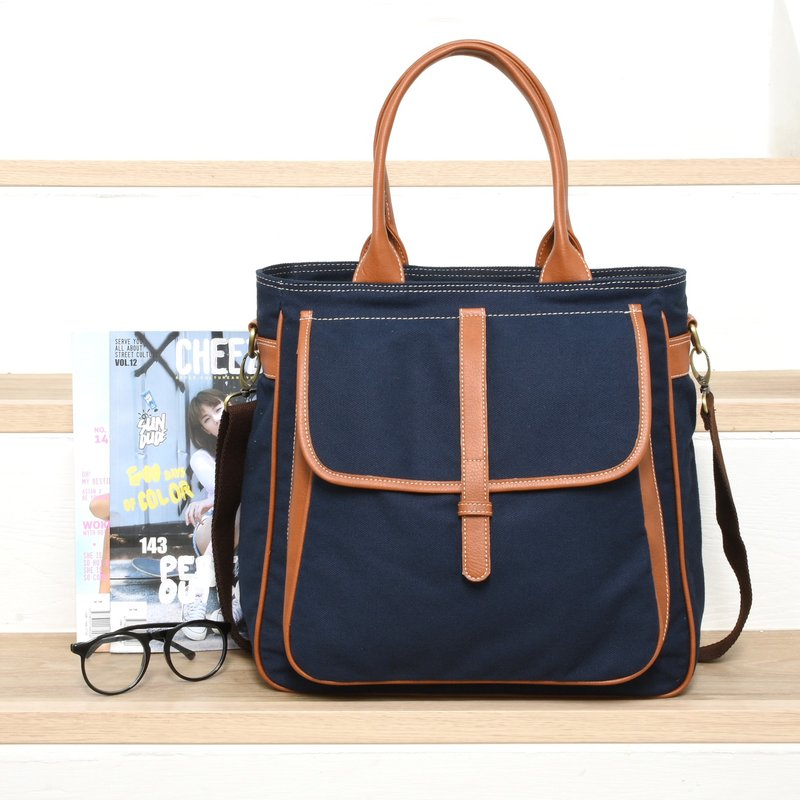 Common Tote&Shoulder bag - navy blue - 手提包/手提袋 - 棉．麻 蓝色