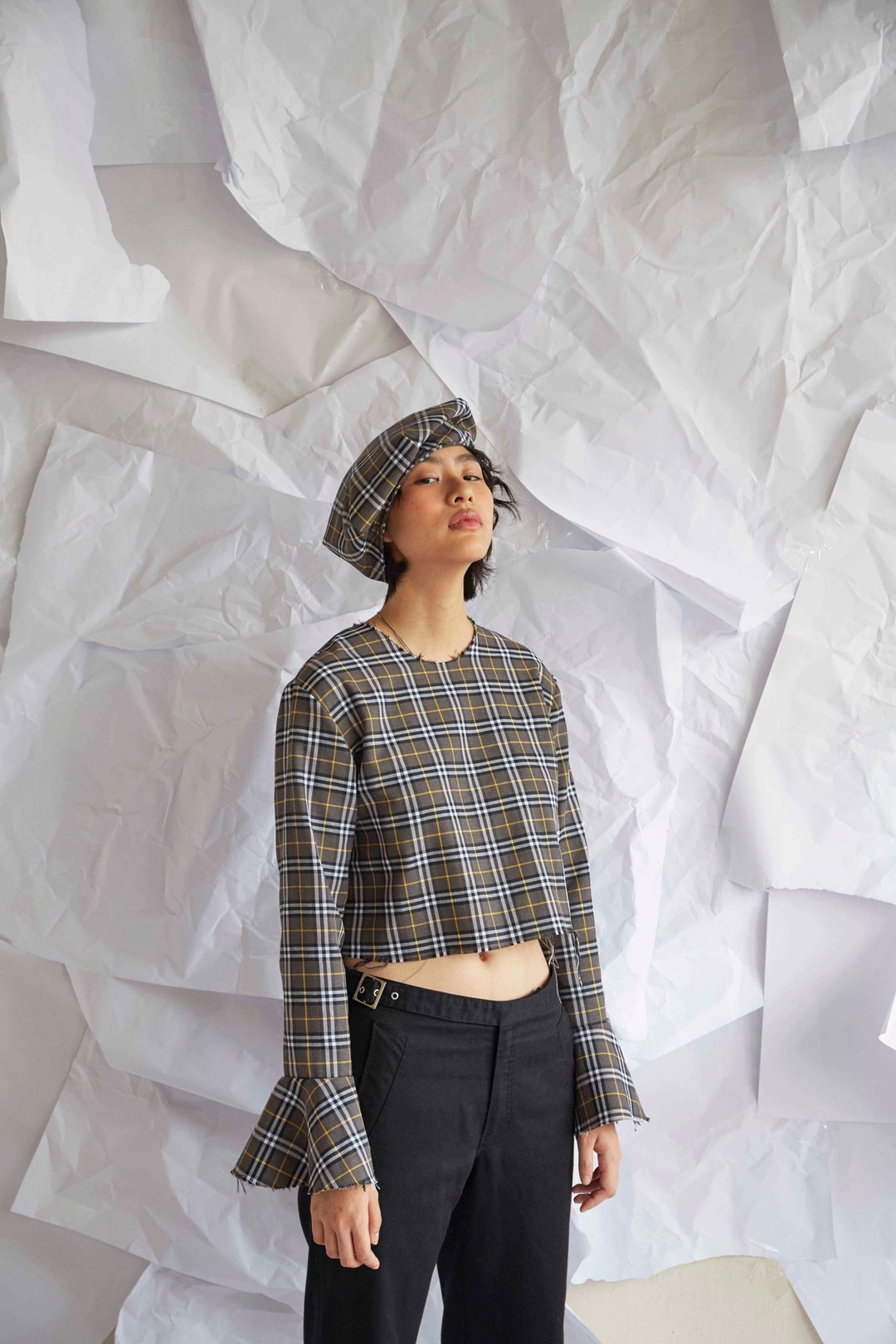 Grey Tartan Bell Sleeves Top - 男装衬衫 - 棉 灰色