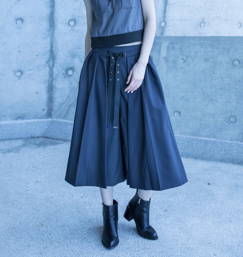 双层有百褶阔裤 - 女装长裤 - 羊毛 蓝色