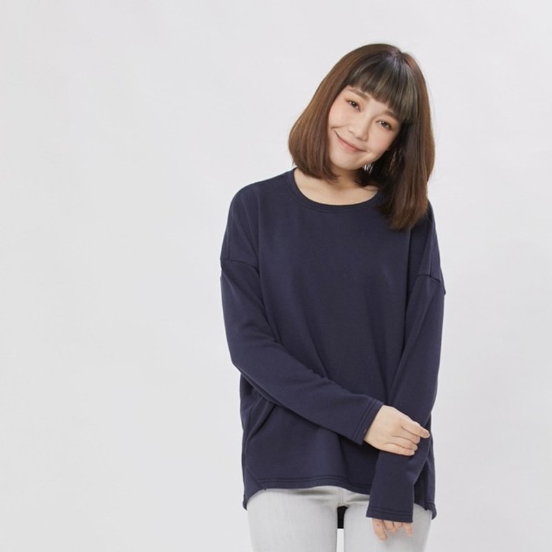 素面長袖寬版女T/深藍 - 女装 T 恤 - 棉．麻 蓝色