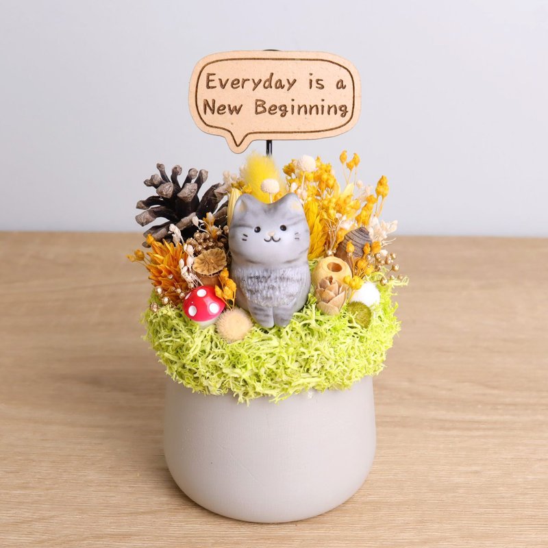 灰虎斑猫 干燥花盆栽 定制化字牌 可夹卡片 圣诞 耶诞 交换礼物 - 干燥花/捧花 - 木头 灰色