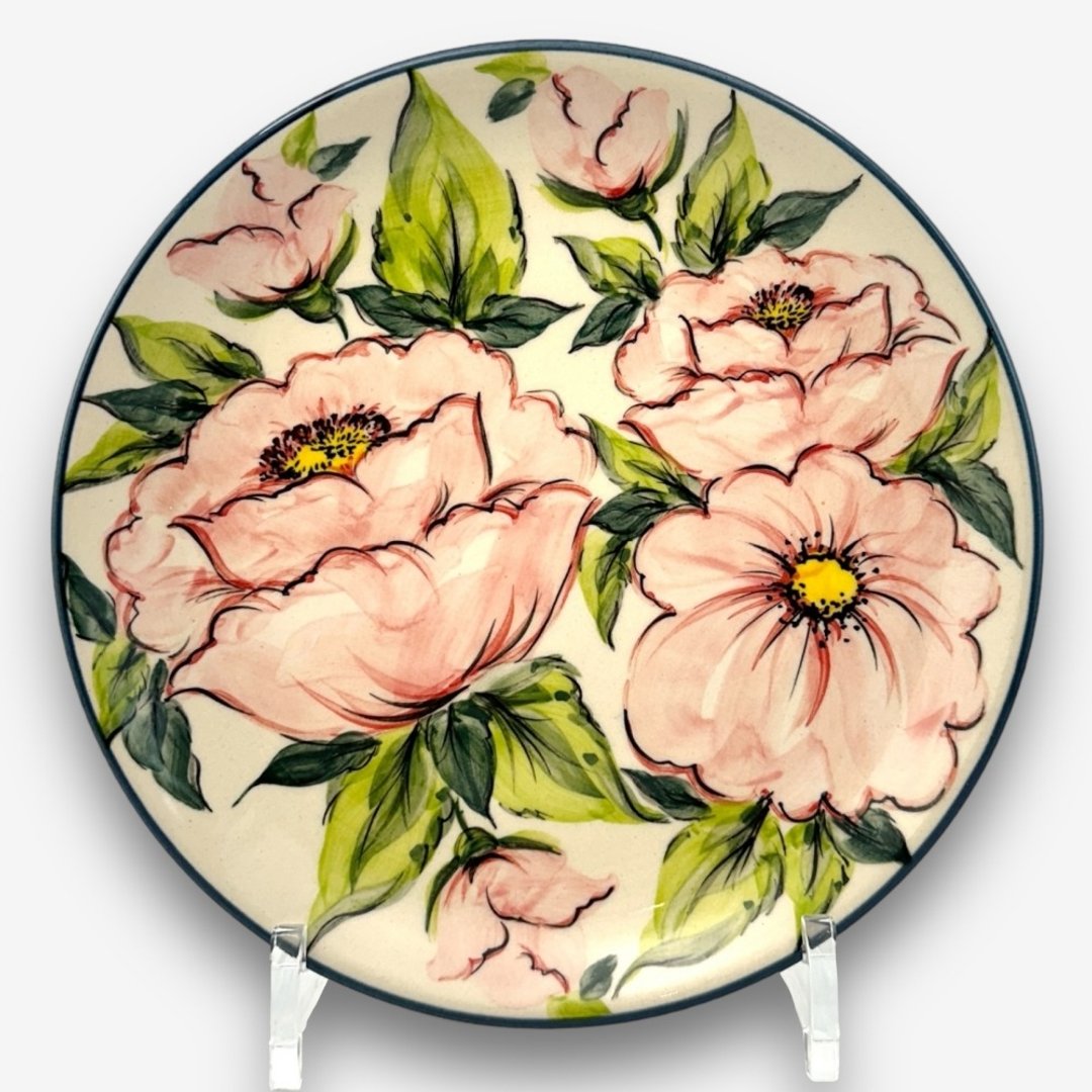 波兰手绘手工陶-圆盘 19cm 粉花系列 设计师款 - 盘子/餐盘/盘架 - 陶 粉红色