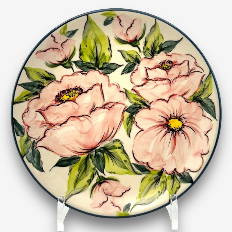 波兰手绘手工陶-圆盘 19cm 粉花系列 设计师款 - 盘子/餐盘/盘架 - 陶 粉红色