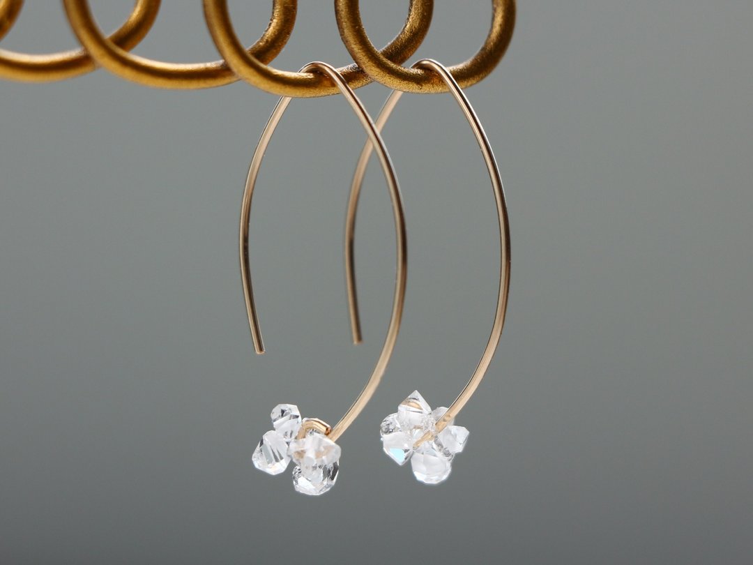 14kgf-Herkimer diamond mini marquise pierced earrings - 耳环/耳夹 - 宝石 金色