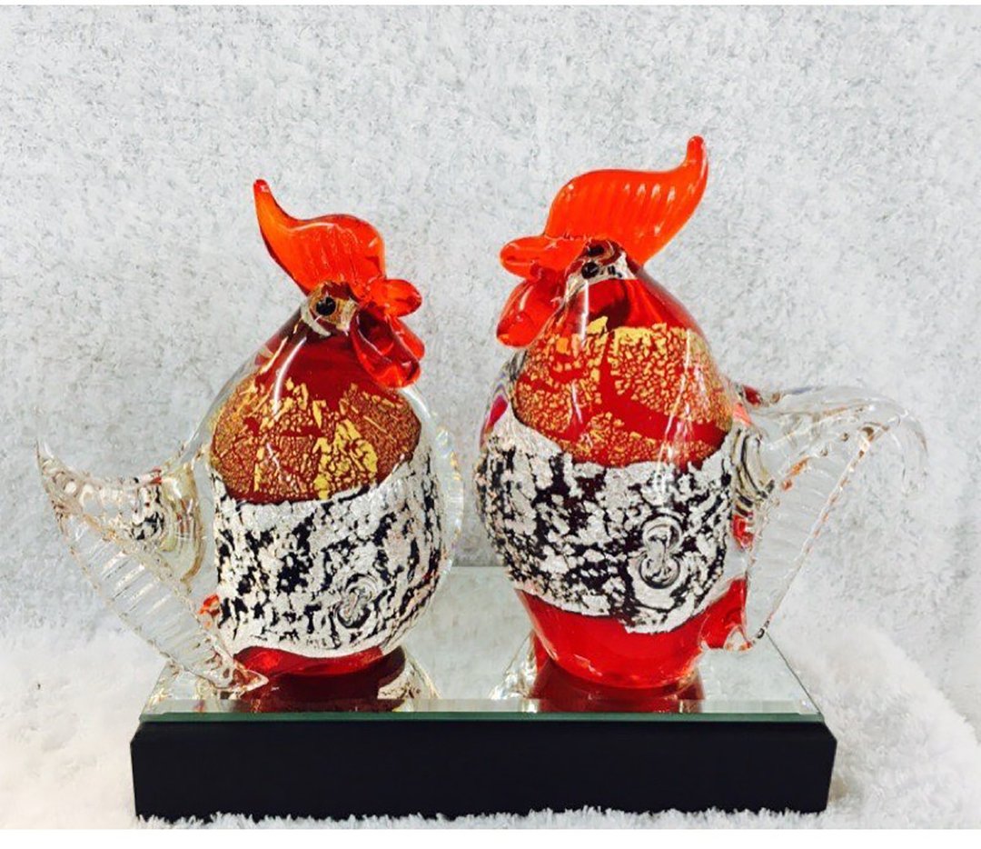 水晶玻璃 金鸡母 金箔银箔 公母鸡 福气鸡 - 摆饰 - 玻璃 