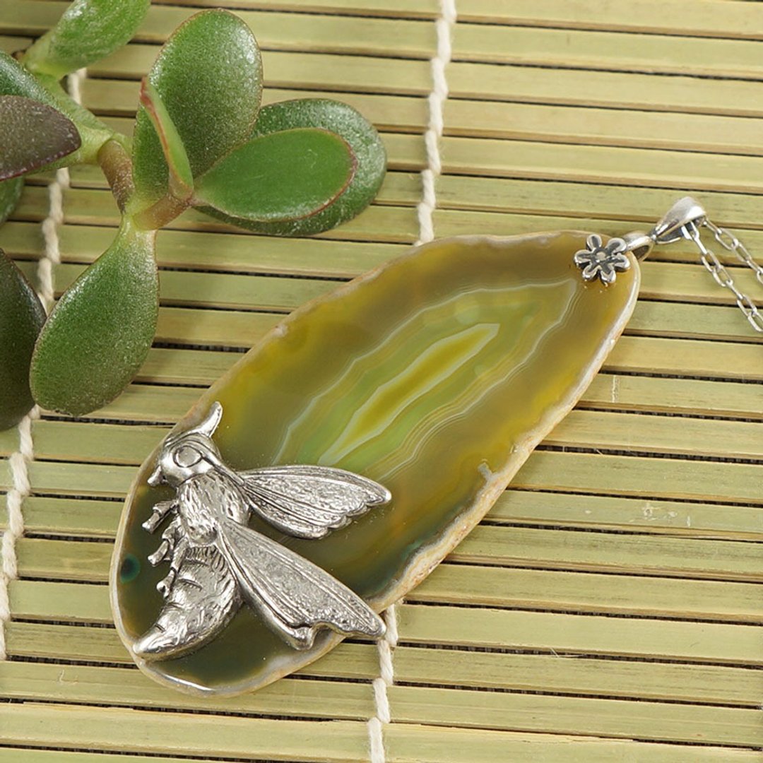 Honey Yellow Agate Slice Slab Stone Silver Bee Necklace Pendant Woman Jewelry - 项链 - 半宝石 黄色