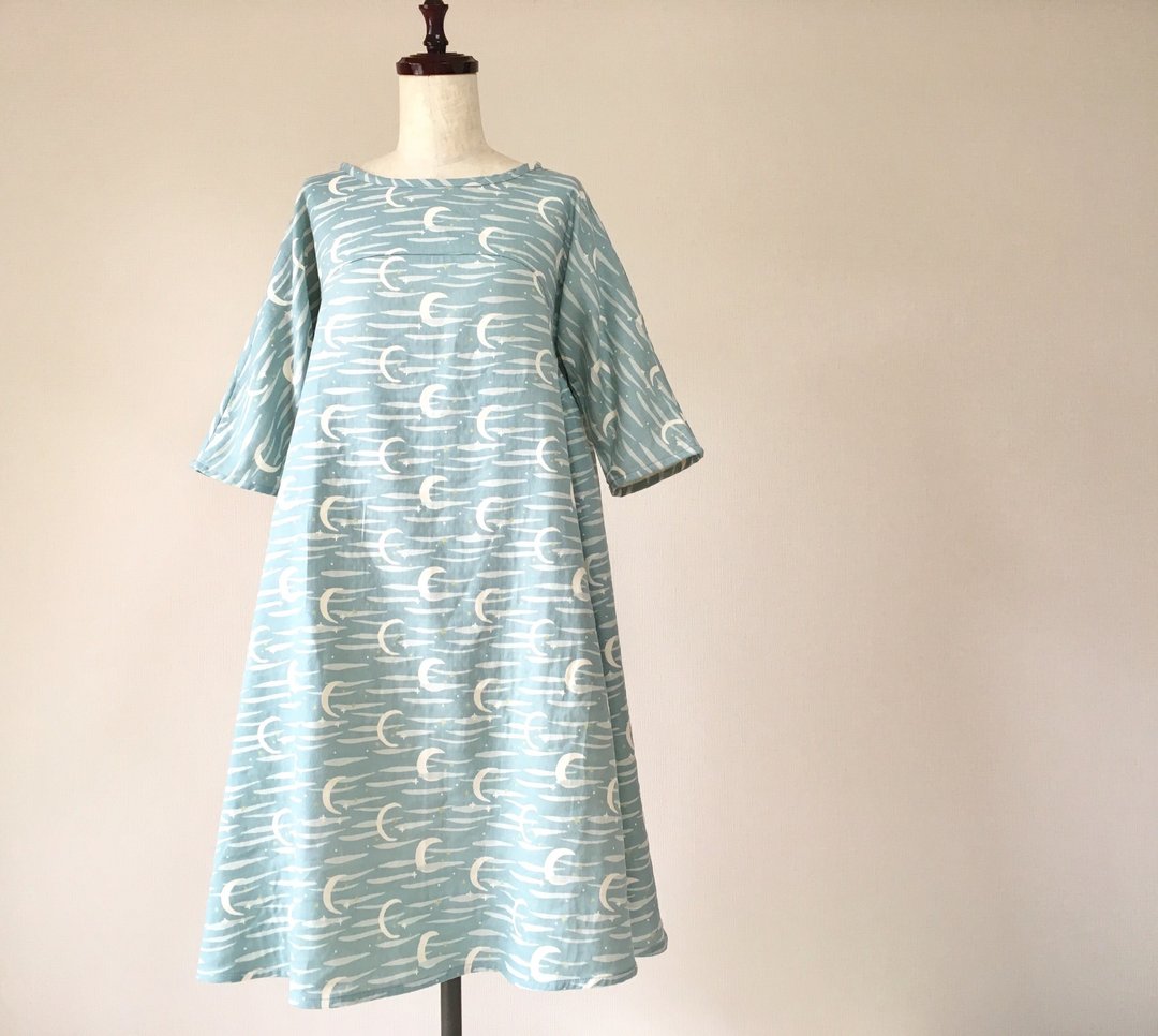 Crescent moon and star double gauze flare one piece Ash Blue - 洋装/连衣裙 - 棉 灰色