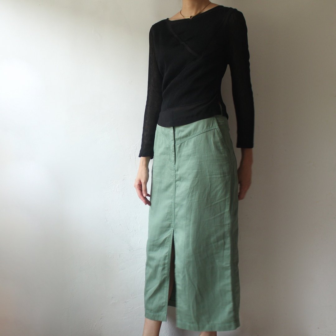 FOAK 古着 Massimo Dutti 淡绿色棉麻长裙 - 裙子 - 棉 