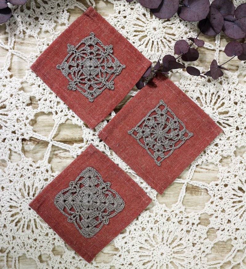 Handmade手作-下午茶-蕾丝杯垫系列-灰褐老红砖 - 杯垫 - 棉．麻 橘色
