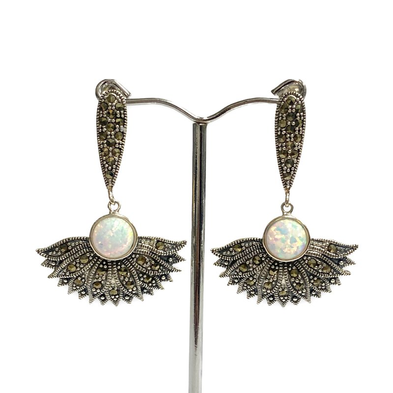 Art Deco Style Gilson Opal with Marcasite Stone Fan Earrings 925 Sterling Silver - 耳环/耳夹 - 纯银 银色