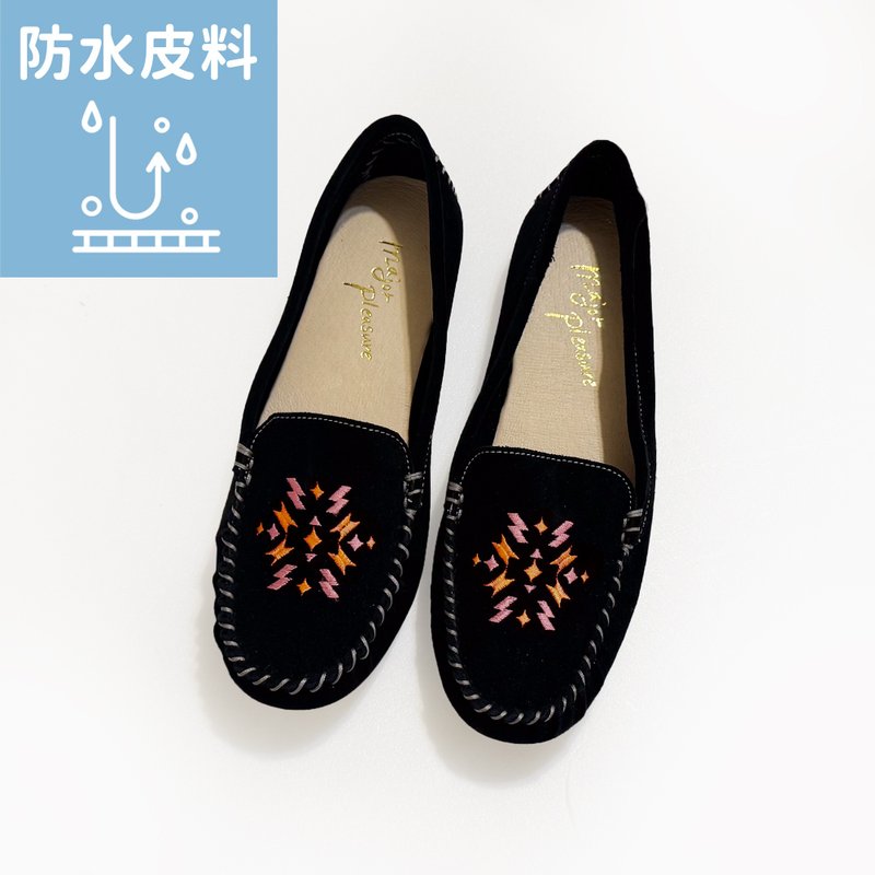 防水皮革! 闪电星芒刺绣图腾手工莫卡辛 黑 全真皮 MIT-黛珊瑚 - 其他女款皮鞋 - 真皮 黑色