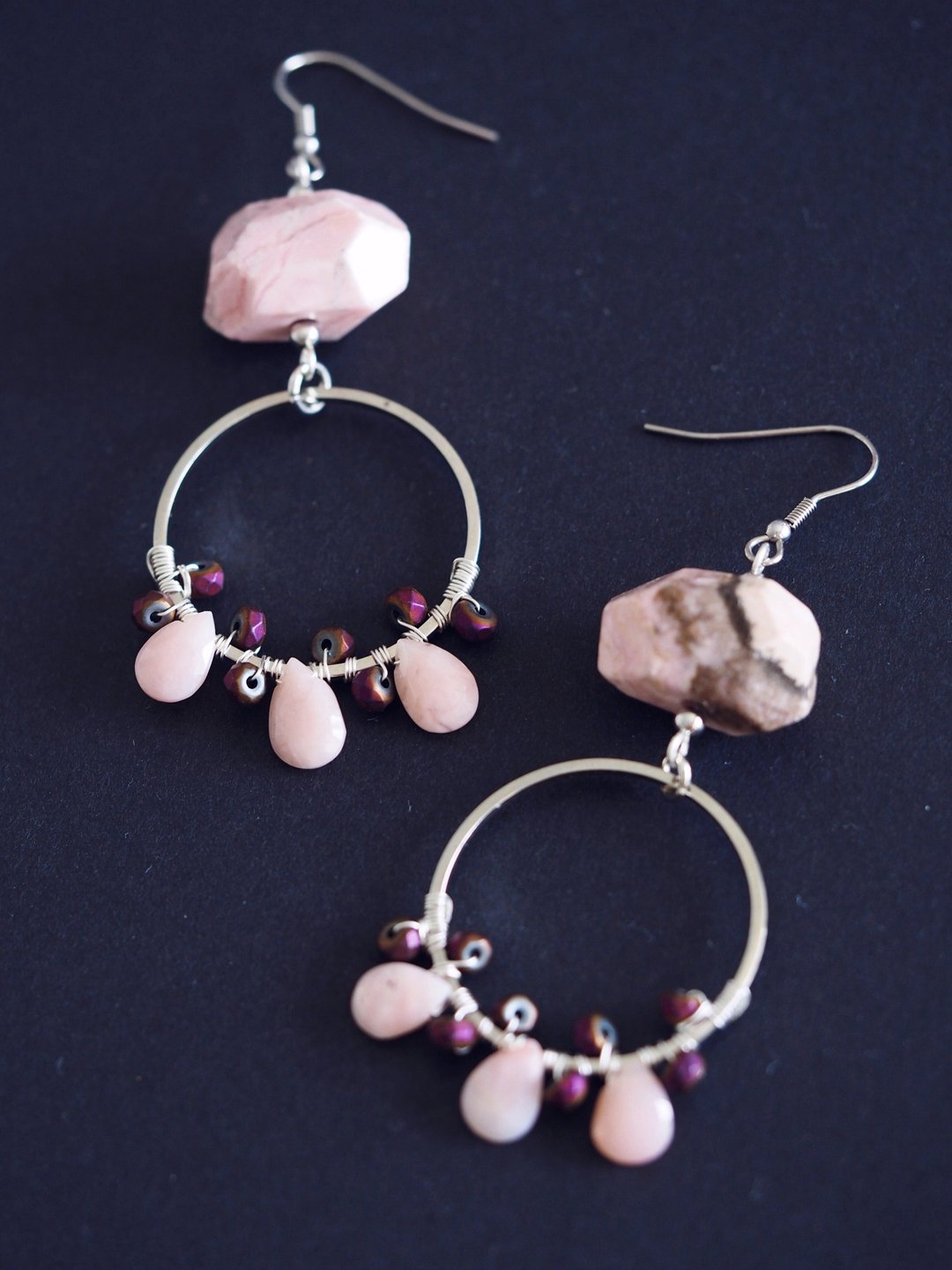 Pink opal earrings, rhodonite wedding drop earrings - 耳环/耳夹 - 半宝石 粉红色