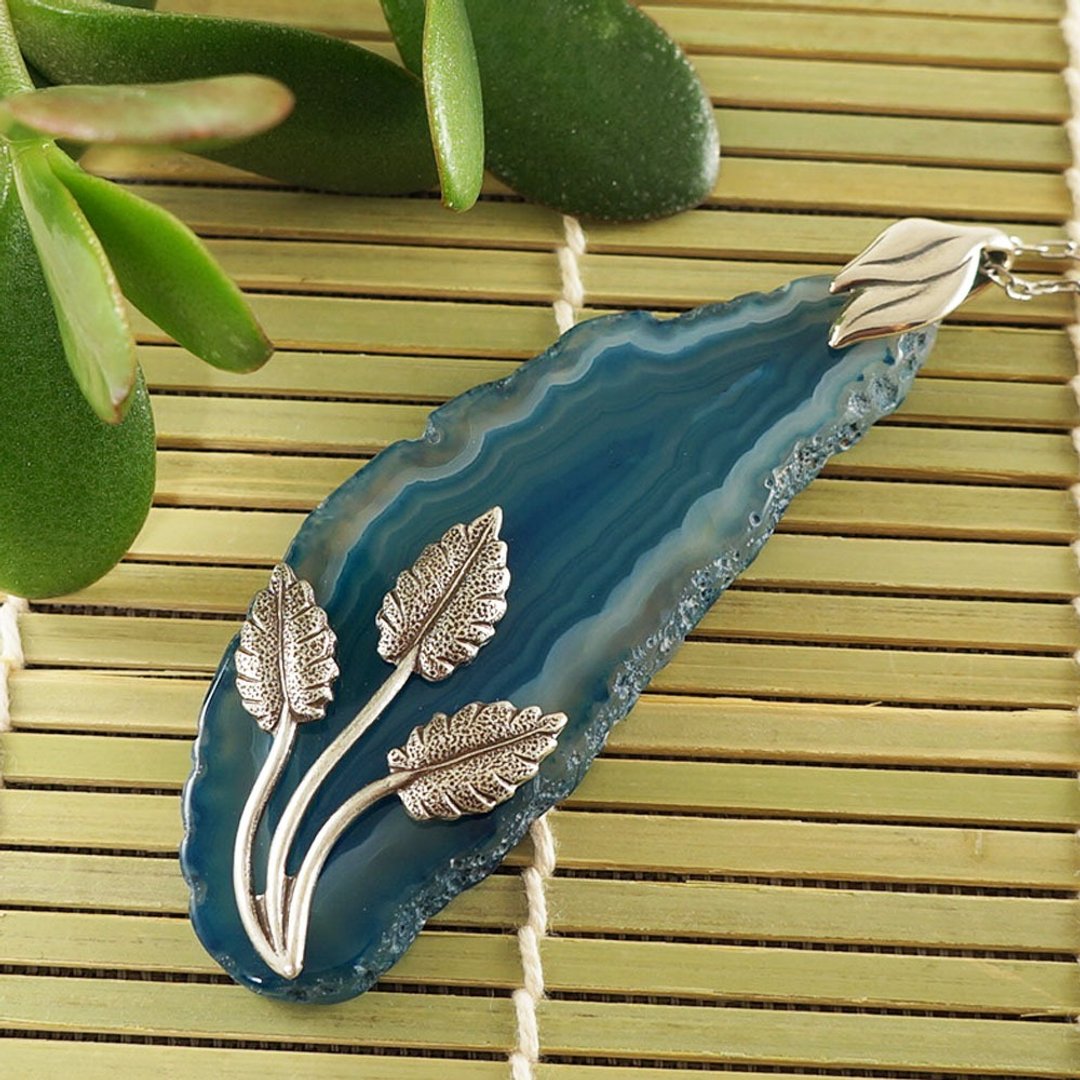 青绿蓝玛瑙切片．银叶坠饰项链．女性饰品．致赠佳礼 - 项链 - 半宝石 绿色