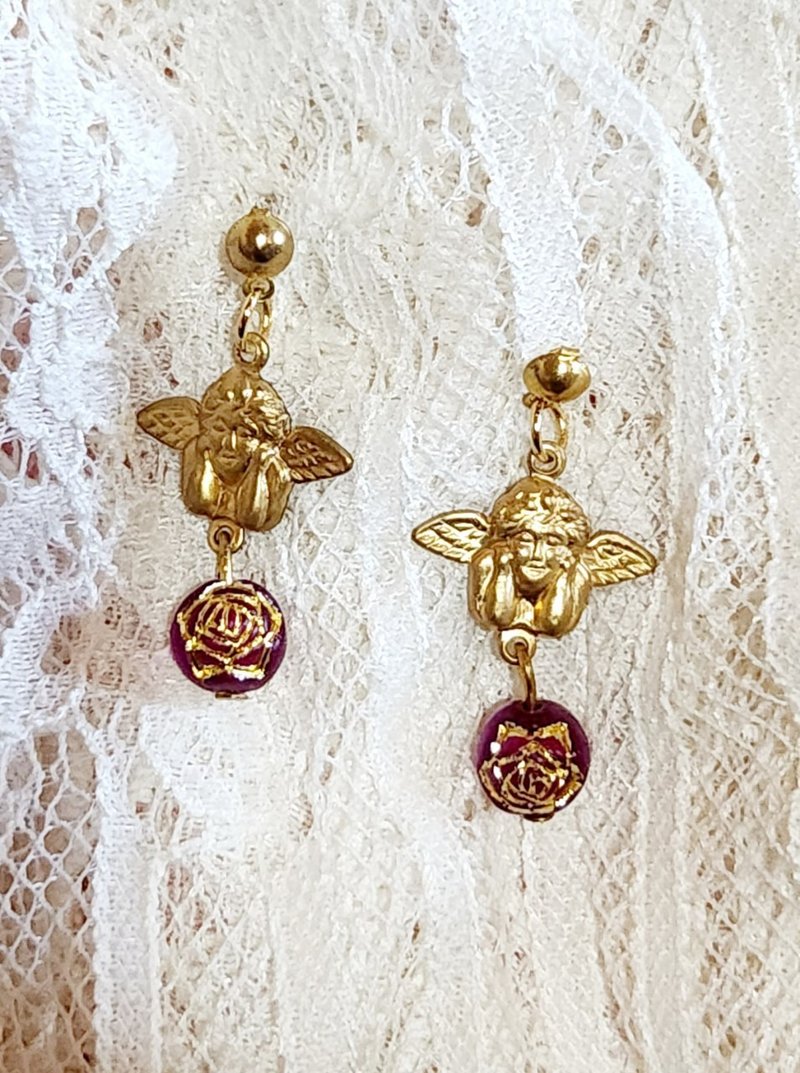 【毕业礼物】【圣诞礼盒】捷克手绘珠铜电金耳环(可改耳夹) - 耳环/耳夹 - 半宝石 紫色