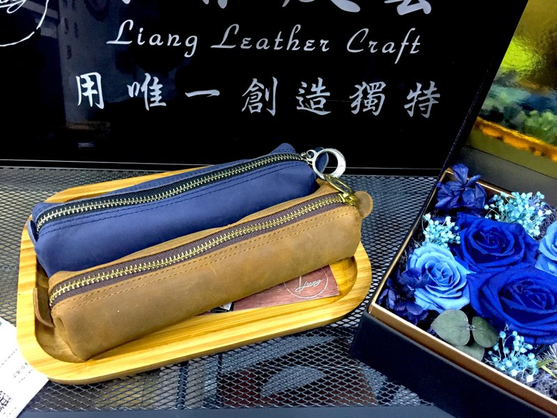 【梁絮皮艺】真皮笔袋/皮革铅笔盒/全牛皮/手工制作 - 铅笔盒/笔袋 - 真皮 咖啡色