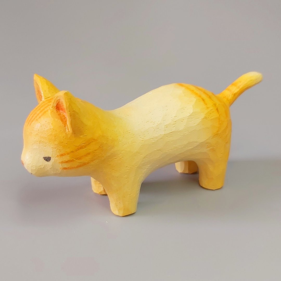 猫咪 木雕艺术品 - 玩偶/公仔 - 木头 橘色