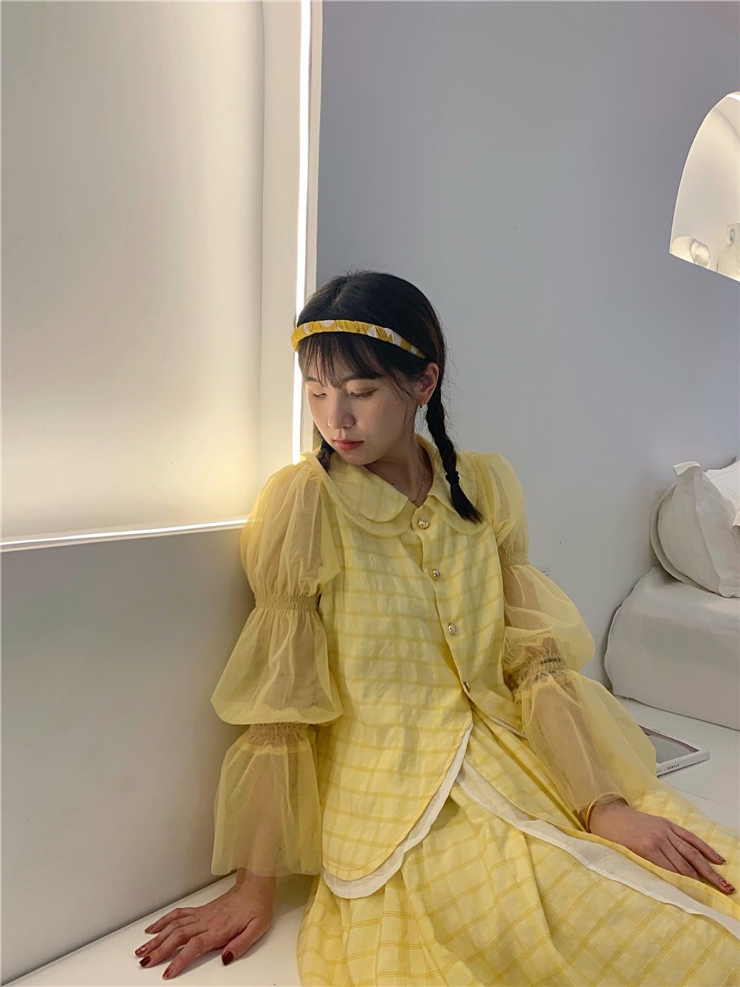 黄格子拼接网纱 娃娃领 花苞袖 短衬衫 夏日 輕薄 微寬鬆 - 女装上衣 - 其他材质 黄色