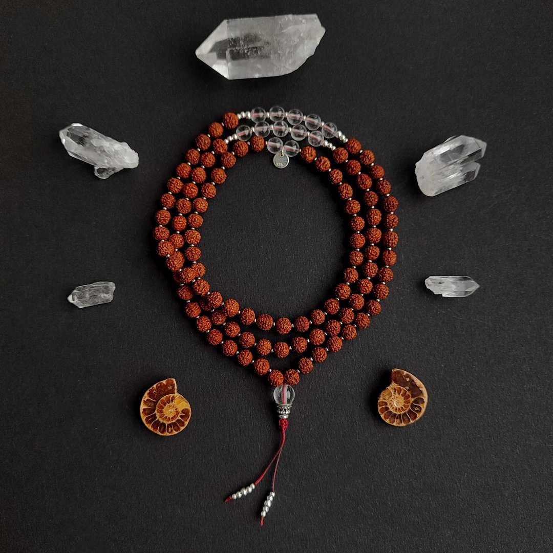 Metta Mala - 传统鲁德拉克沙与石英冥想念珠 108 颗 - 长链 - 半宝石 咖啡色