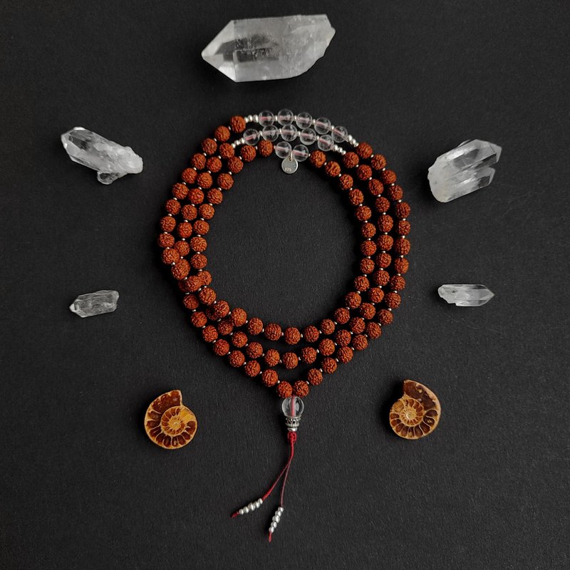 Metta Mala - 传统鲁德拉克沙与石英冥想念珠 108 颗 - 长链 - 半宝石 咖啡色