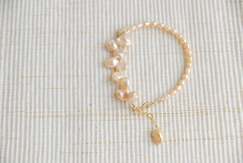 Orange-pink poppy and rice-shaped pearl bracelet 14kgf - 手链/手环 - 珍珠 橘色