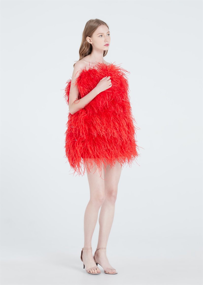 Aston red ostrich feather dress  for women Cocktail party dress - 洋装/连衣裙 - 羽绒 红色