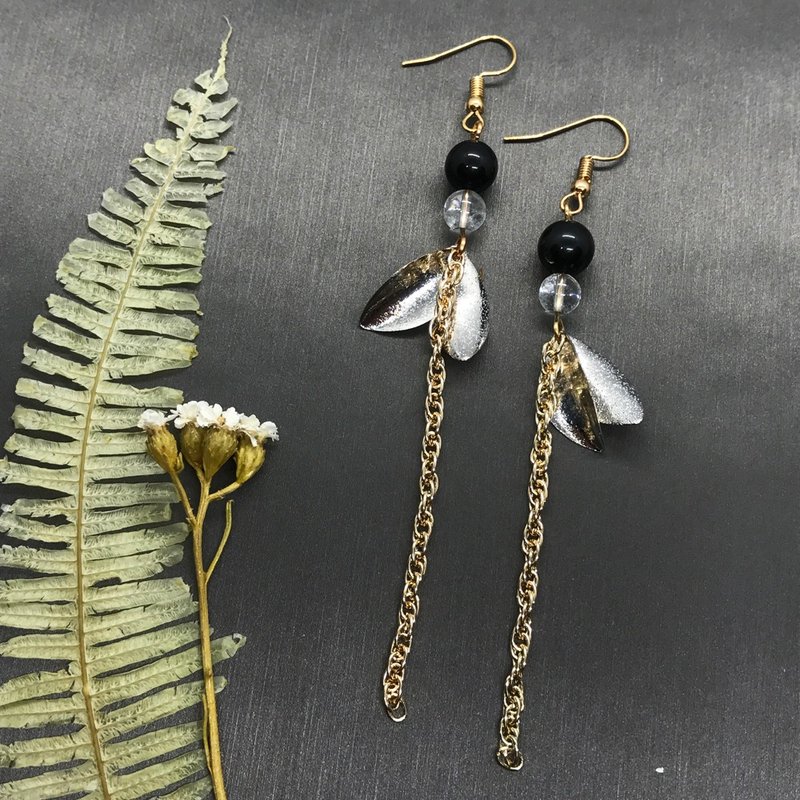 黑白系列/镀银叶天然水晶修饰长链耳环 - 耳环/耳夹 - 宝石 黑色