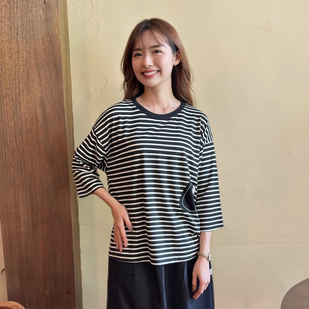 Hana Mokuba 简约宽松圆领条纹T恤 - 女装上衣 - 其他材质 