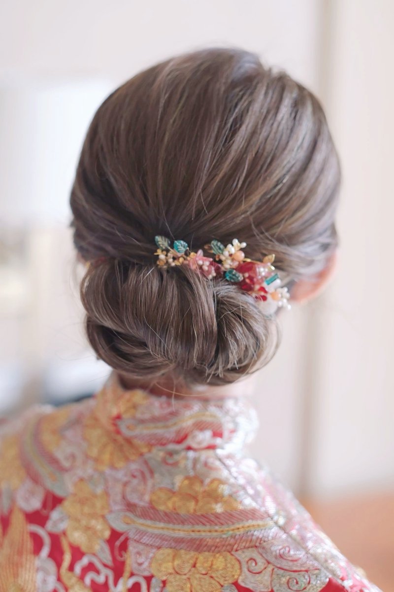 (绿叶粉晶)古典琉璃新娘头饰Bridal Headpiece,中式头饰(一套4件) - 发饰 - 玉石 红色