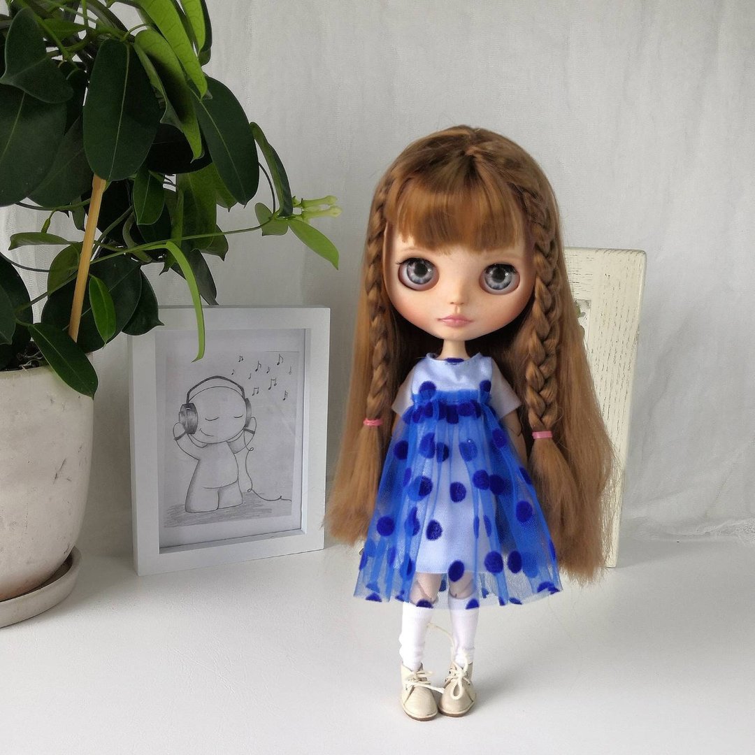 Blythe doll dress. Cute dress blue polka dot tulle Blythe doll. - 玩偶/公仔 - 棉 
