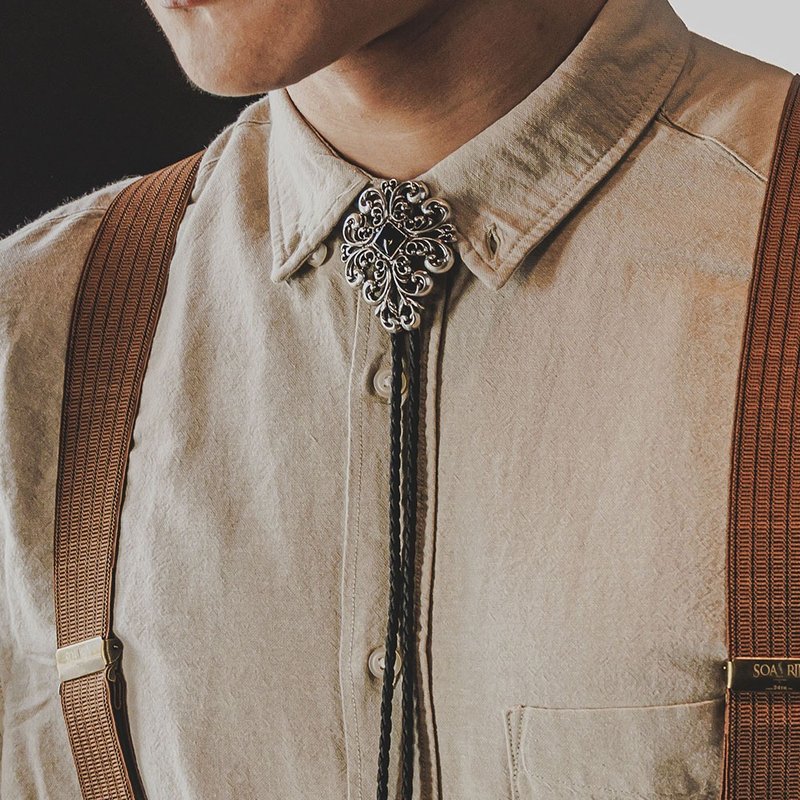 典雅卷纹  保罗领带 Bolo Tie 真皮 皮革项链 皮绳领带 长项链 - 领带/领带夹 - 真皮 银色