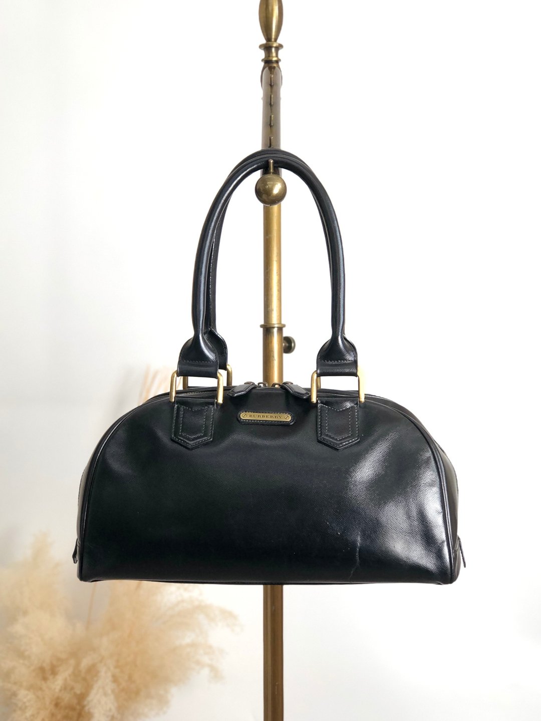 【日本直送 名牌中古包】BURBERRY 巴宝莉 手提包 黑色 标志铭牌 皮革 迷你波士顿包 vintage - 手提包/手提袋 - 真皮 黑色