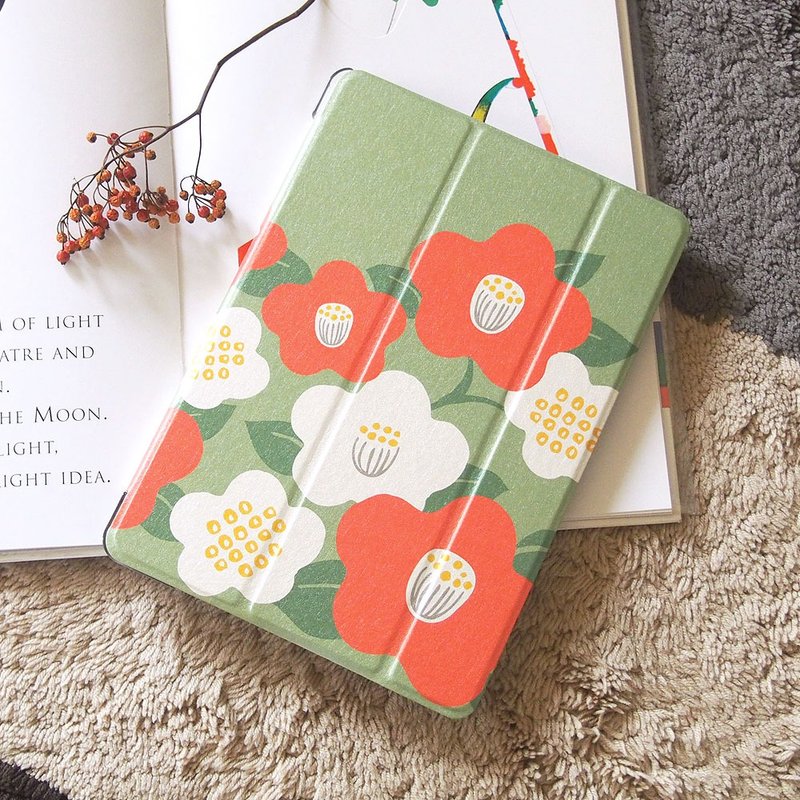 附笔槽手帐型 iPad 保护壳【和风椿花】三折式支架软壳 - 平板/电脑保护壳 - 人造皮革 绿色