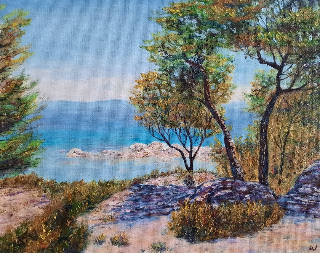 希腊海滩原创油画，尔基迪基海松树写实墙艺术 - 墙贴/壁贴 - 环保材料 多色