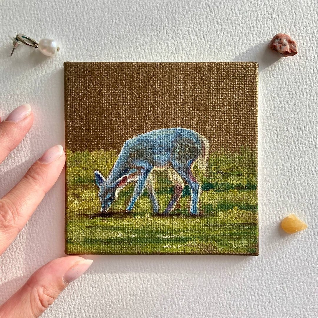 Original Deer Oil Painting Small Animal Artwork 鹿画小油画书架装饰原创动物画 - 墙贴/壁贴 - 棉 金色