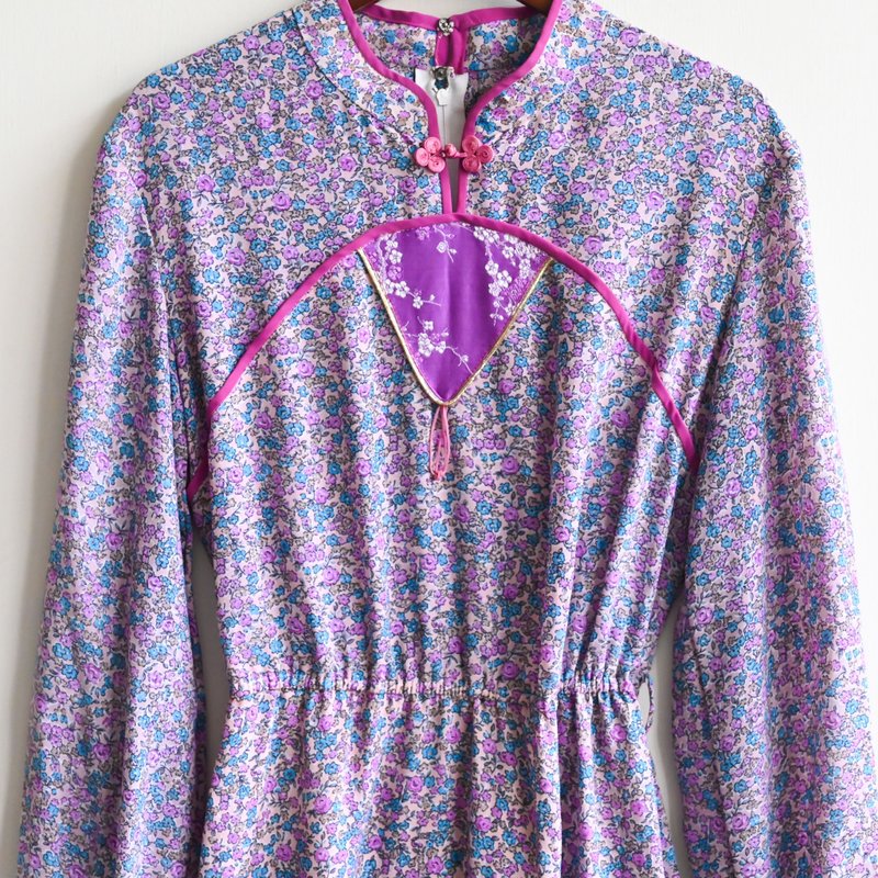 【蛋植物古着】薰紫中式风格盘扣古着洋装 - 洋装/连衣裙 - 其他人造纤维 紫色