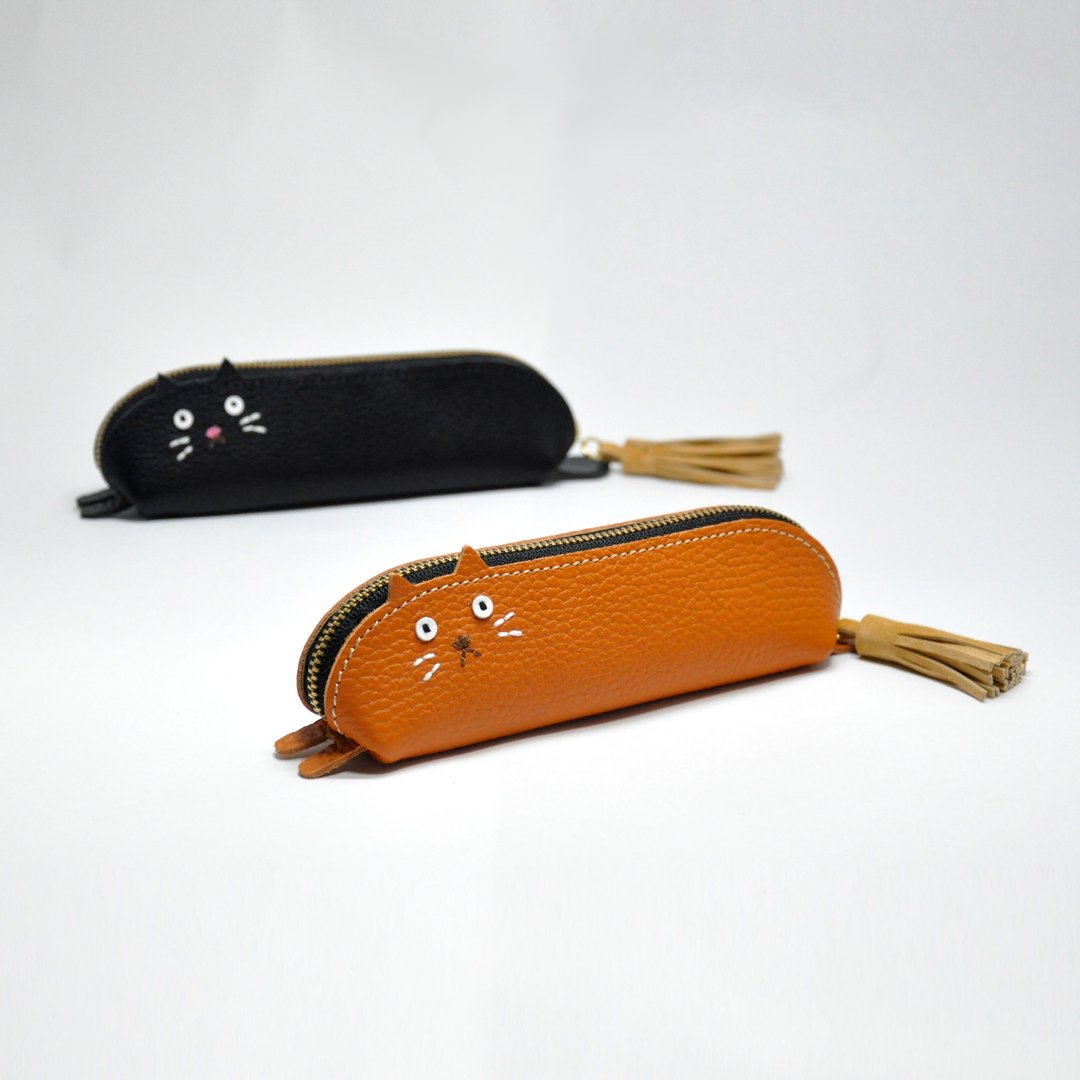 Cat type pen case (with gusset) - 铅笔盒/笔袋 - 真皮 黑色