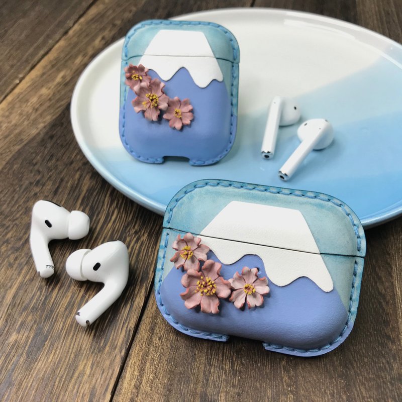 富士山x皮革樱花Airpods保护套(春) - 耳机 - 真皮 蓝色