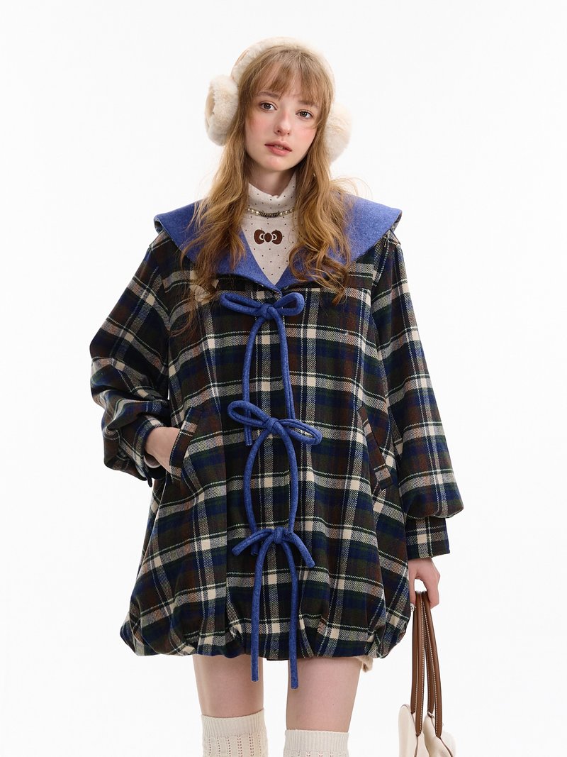 ziziFei秋冬季娃娃翻领兜兜下摆深蓝色中长款格纹毛呢大衣外套女 - 女装上衣 - 其他材质 蓝色