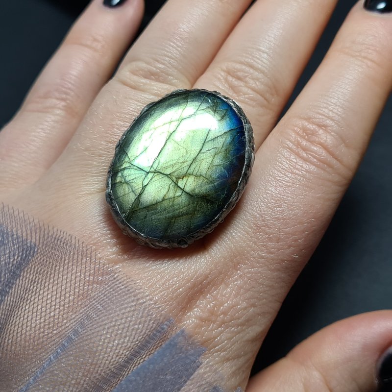 拉长石戒指 独特大气戒指 耀眼光环戒指 彩虹戒指 - 戒指 - 石头 绿色