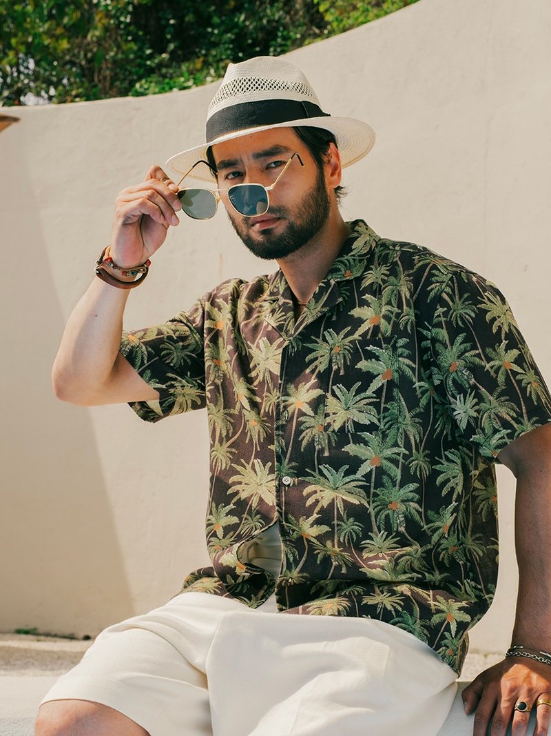 SOARIN美式复古巴领夏夷印花衬衫(2526C405) - 男装衬衫 - 棉．麻 绿色
