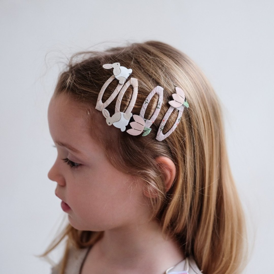 英国Mimi &amp; Lula_SS25_复活节_粉兔花语滴答夹4入 发夹 - 发饰 - 聚酯纤维 