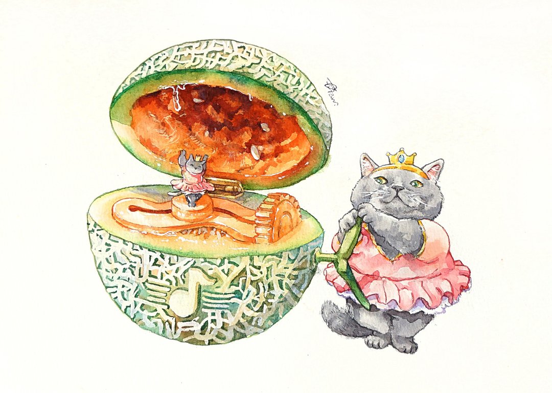 水彩原画 - 猫与哈密瓜音乐盒 - 其他 - 纸 多色